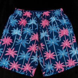 Men’s Palm Tree Print Swim Trunks Medium Blue Pink Tropical Shorts